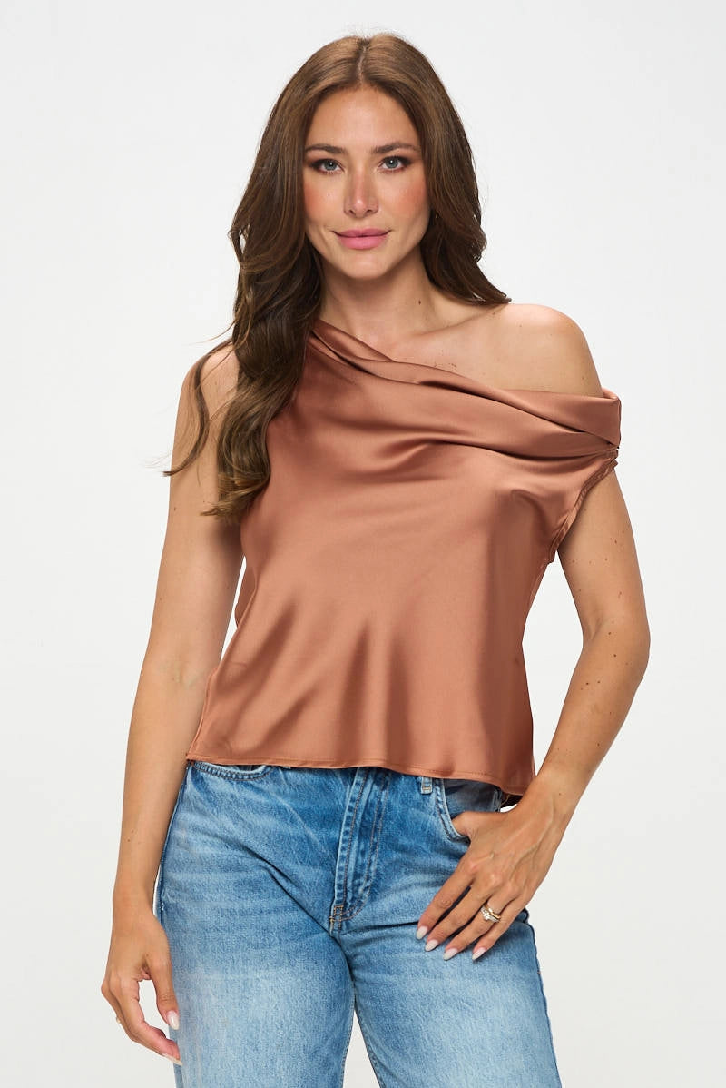Gleam Shoulder Long Sleeve Satin Top